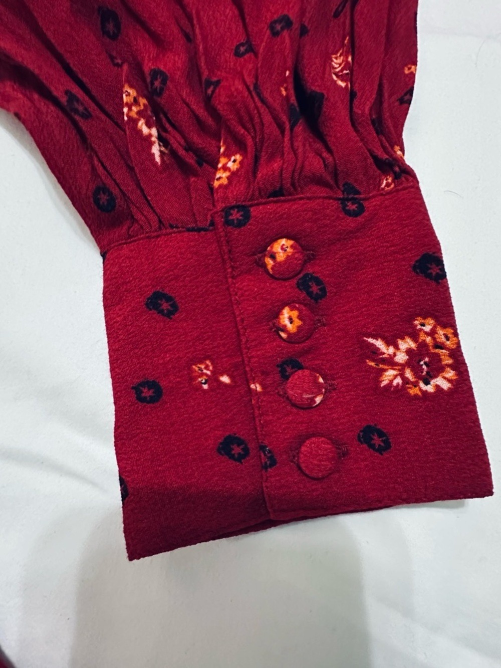 FREE PEOPLE TWO FACES RED PRINT SMOCKED MINI DRESS BOHO PUFF SLEEVE COQUETTE L - Picture 9 of 13